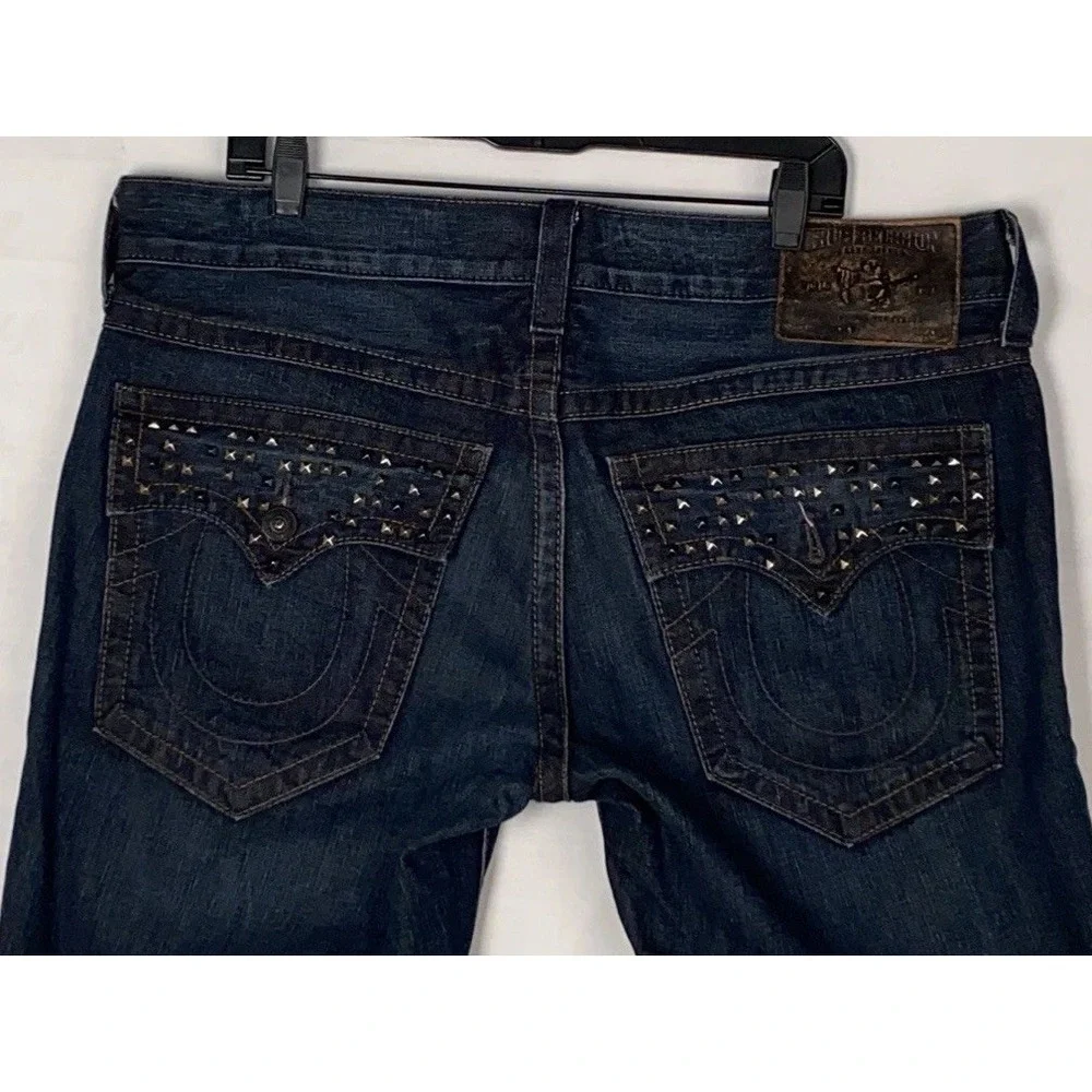 Men's True‎ Religion Ricky Pyramid Studded Straight Blue Jeans  38